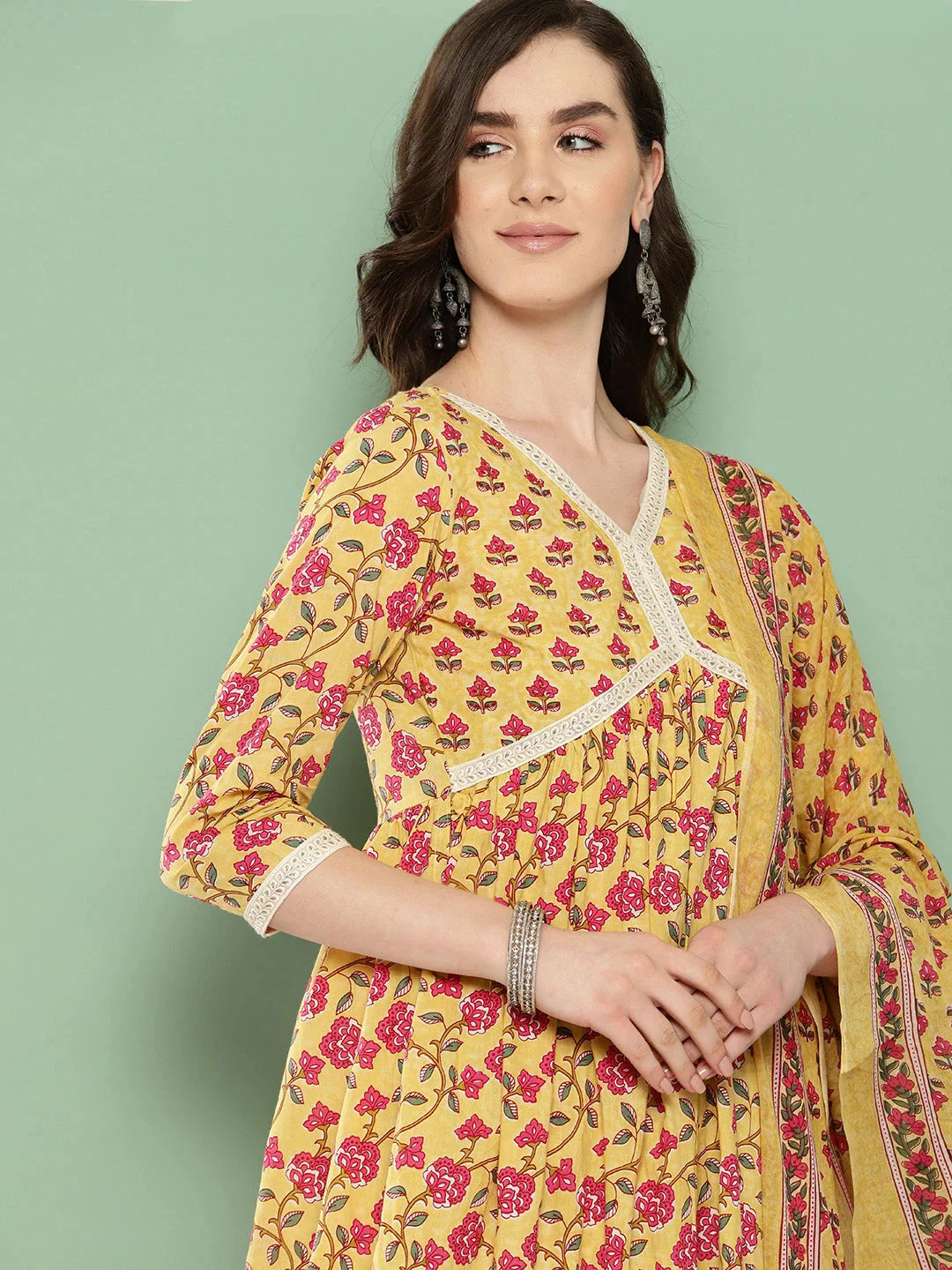 Yufta Yellow Floral Printed Regular Pure Cotton Kurta with Trousers & With Dupatta Set