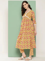 Thumbnail for Yufta Yellow Floral Printed Regular Pure Cotton Kurta with Trousers & With Dupatta Set
