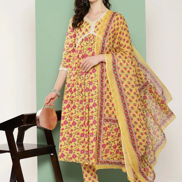 Yufta Yellow Floral Printed Regular Pure Cotton Kurta with Trousers & With Dupatta Set - Distacart