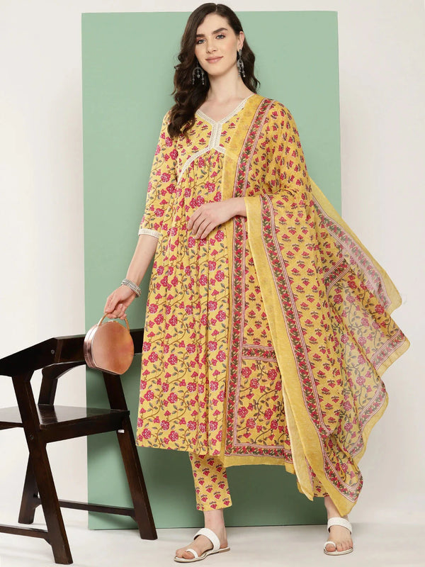 Yufta Yellow Floral Printed Regular Pure Cotton Kurta with Trousers & With Dupatta Set