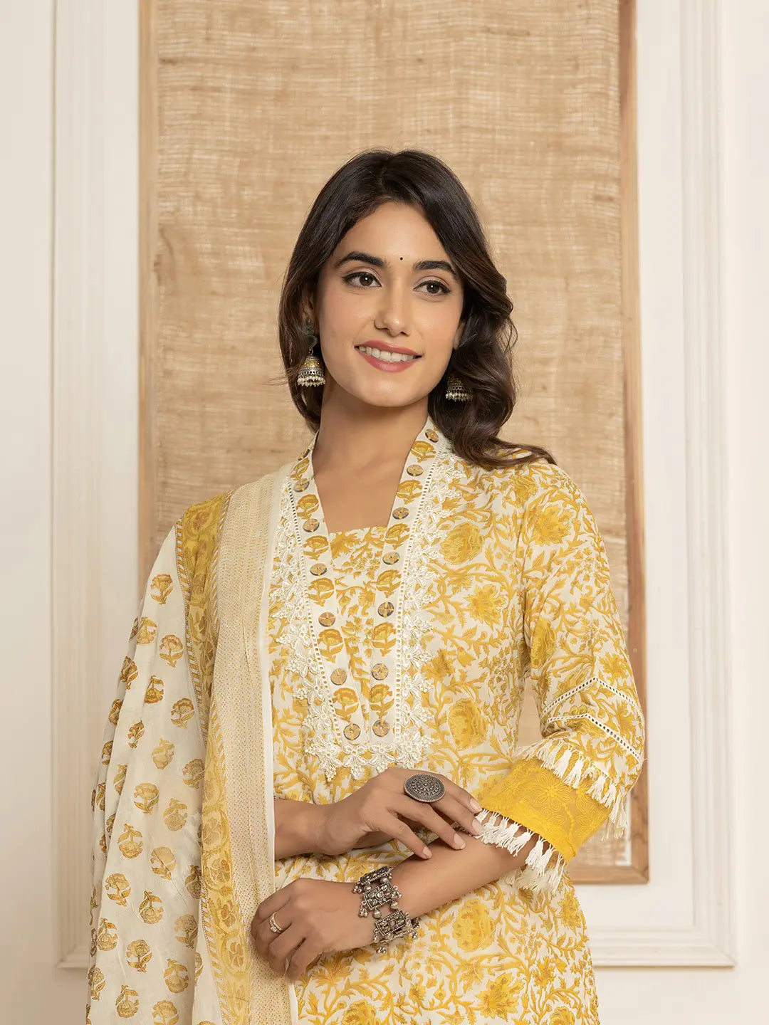 Yufta Yellow Floral_Print Cotton Straight Tassel Work Kurta And Trousers With Dupatta - Distacart