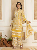 Thumbnail for Yufta Yellow Floral_Print Cotton Straight Tassel Work Kurta And Trousers With Dupatta - Distacart