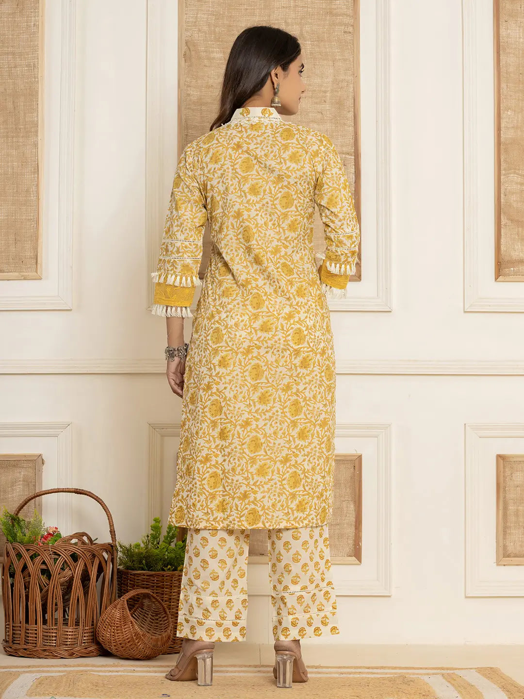 Yufta Yellow Floral_Print Cotton Straight Tassel Work Kurta And Trousers With Dupatta - Distacart