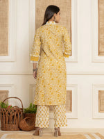 Thumbnail for Yufta Yellow Floral_Print Cotton Straight Tassel Work Kurta And Trousers With Dupatta - Distacart