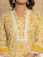 Thumbnail for Yufta Yellow Floral_Print Cotton Straight Tassel Work Kurta And Trousers With Dupatta - Distacart