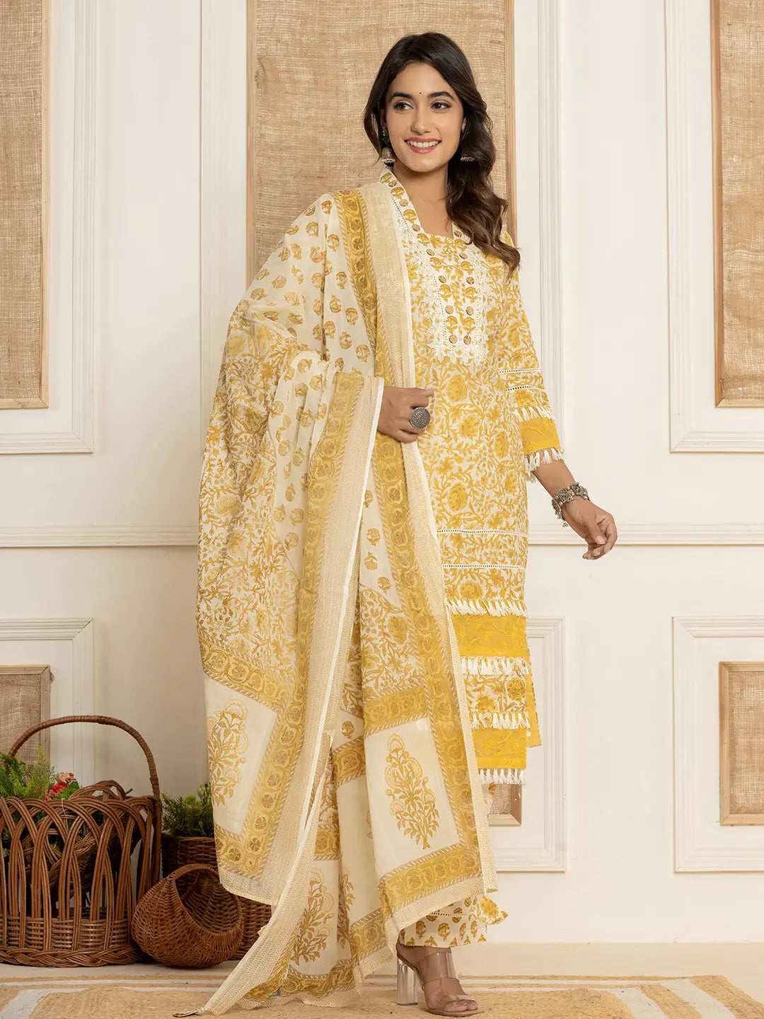 Yufta Yellow Floral_Print Cotton Straight Tassel Work Kurta And Trousers With Dupatta - Distacart