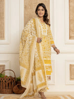 Thumbnail for Yufta Yellow Floral_Print Cotton Straight Tassel Work Kurta And Trousers With Dupatta - Distacart