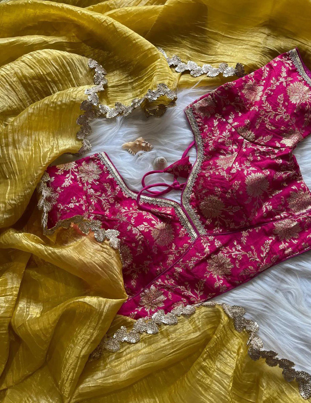 Lorenvalley Fashion Premium Yellow Rani Tissue Crush Saree with Jacquard Weaving Stitched Blouse - Distacart