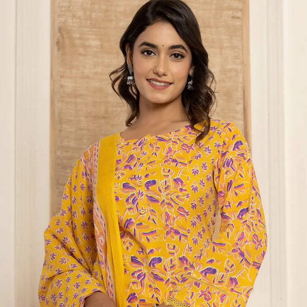 Yufta Yellow Printed Pakistani Style Kurta And Trousers With Dupatta Set - Distacart