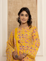 Thumbnail for Yufta Yellow Printed Pakistani Style Kurta And Trousers With Dupatta Set