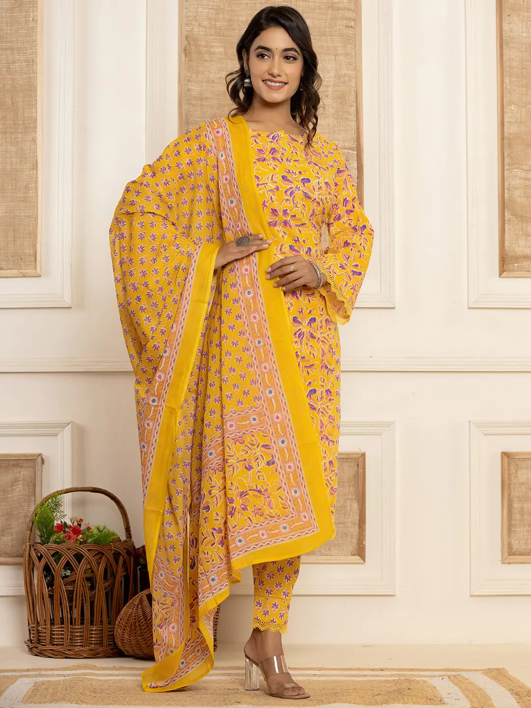 Yufta Yellow Printed Pakistani Style Kurta And Trousers With Dupatta Set - Distacart