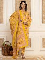 Thumbnail for Yufta Yellow Printed Pakistani Style Kurta And Trousers With Dupatta Set