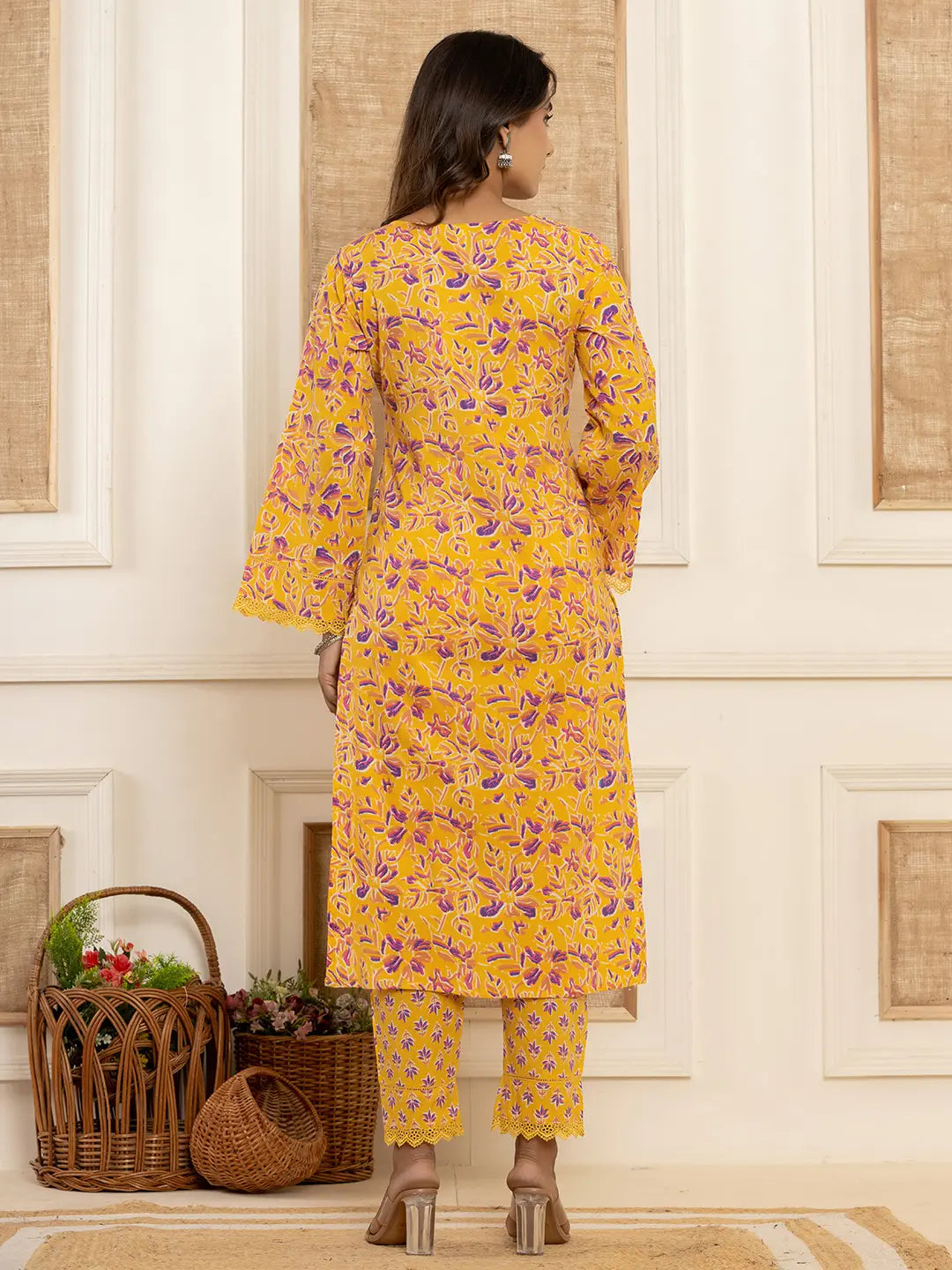 Yufta Yellow Printed Pakistani Style Kurta And Trousers With Dupatta Set