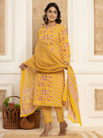 Thumbnail for Yufta Yellow Printed Pakistani Style Kurta And Trousers With Dupatta Set
