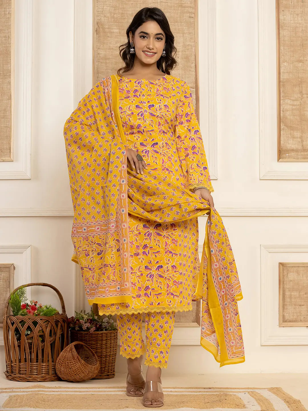 Yufta Yellow Printed Pakistani Style Kurta And Trousers With Dupatta Set