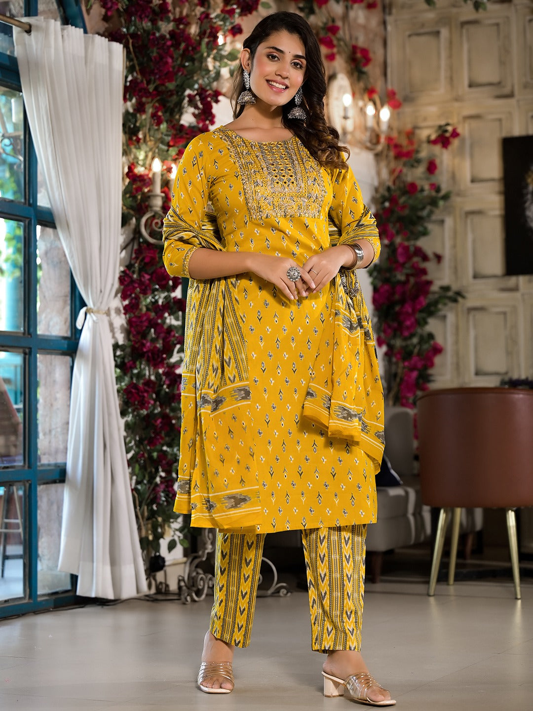 Yufta Yellow Pure Cotton Dori_Embroidery Kurta Trouser With Dupatta Set - Distacart