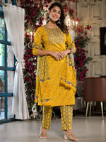 Thumbnail for Yufta Yellow Pure Cotton Dori_Embroidery Kurta Trouser With Dupatta Set - Distacart