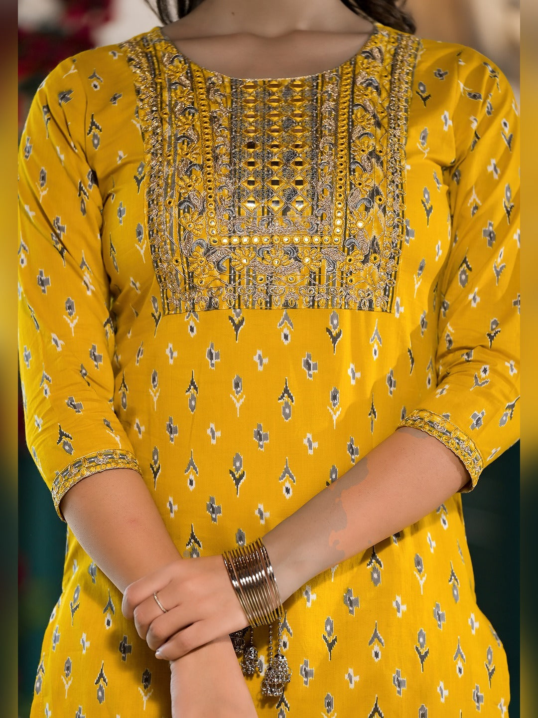 Yufta Yellow Pure Cotton Dori_Embroidery Kurta Trouser With Dupatta Set - Distacart