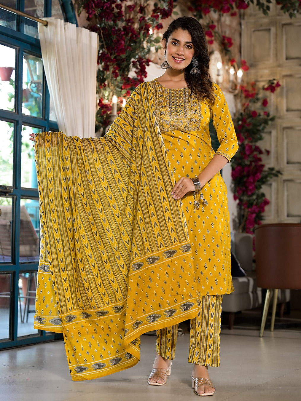 Yufta Yellow Pure Cotton Dori_Embroidery Kurta Trouser With Dupatta Set - Distacart