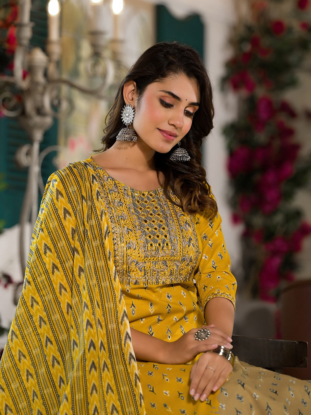 Yufta Yellow Pure Cotton Dori_Embroidery Kurta Trouser With Dupatta Set - Distacart