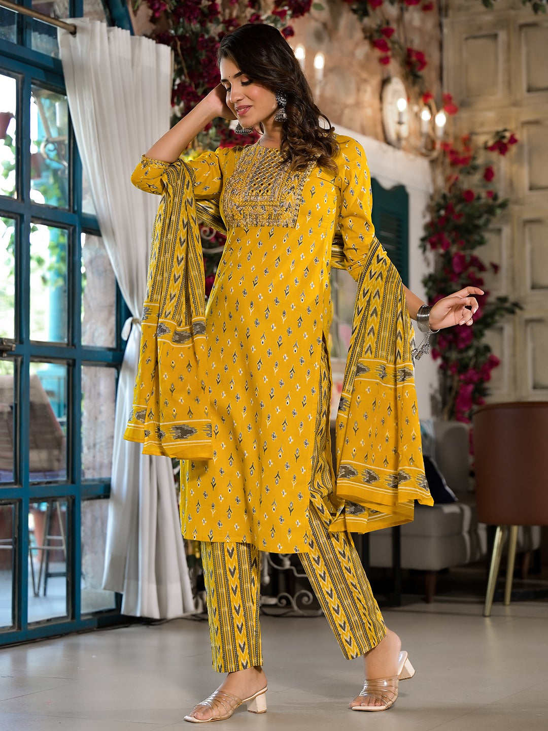 Yufta Yellow Pure Cotton Dori_Embroidery Kurta Trouser With Dupatta Set - Distacart