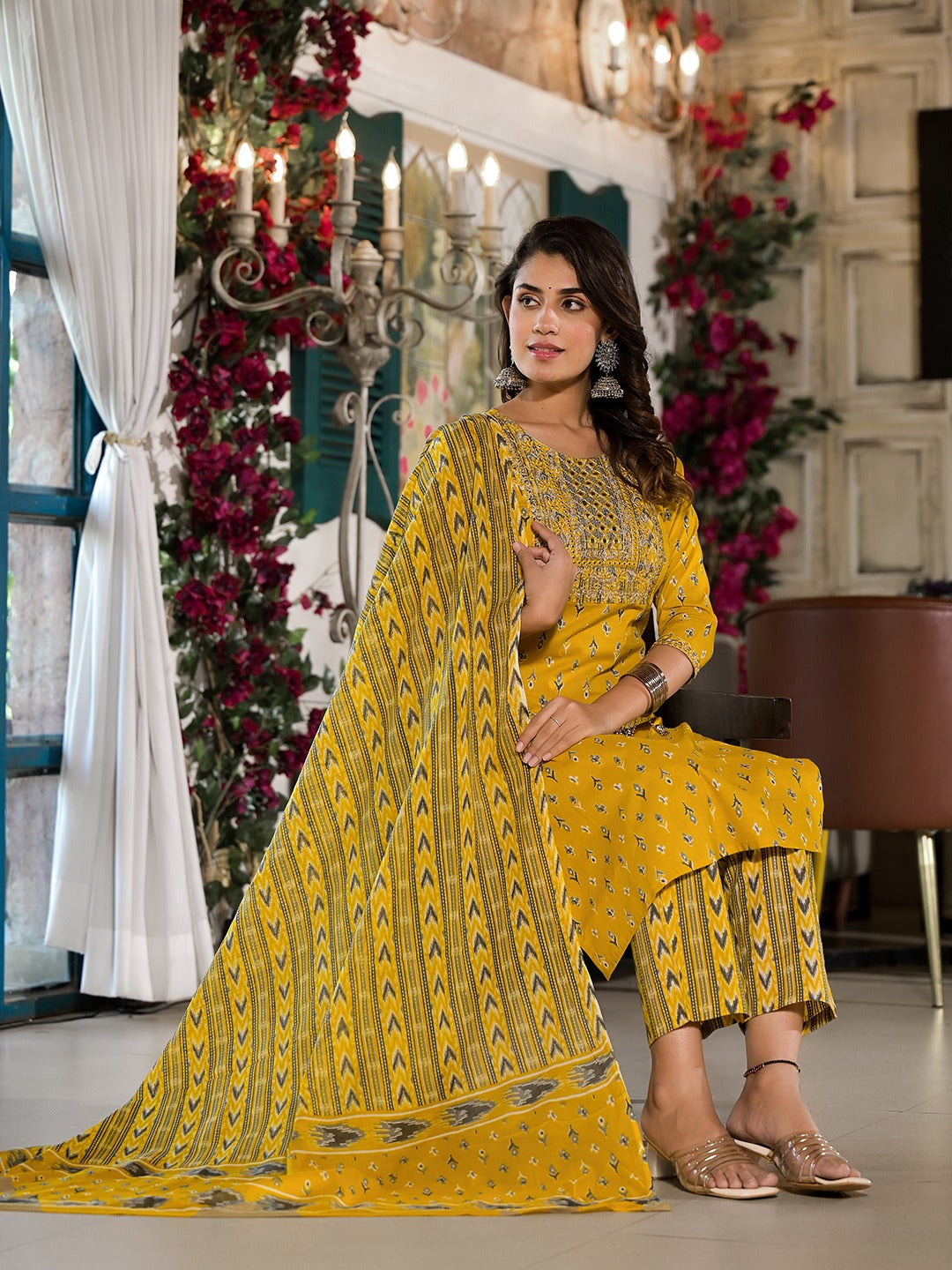 Yufta Yellow Pure Cotton Dori_Embroidery Kurta Trouser With Dupatta Set - Distacart