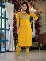 Thumbnail for Yufta Yellow Pure Cotton Dori_Embroidery Kurta Trouser With Dupatta Set - Distacart