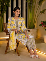 Thumbnail for Yufta Yellow Pure Cotton Floral Print Kurta With Trousers And Dupatta Set