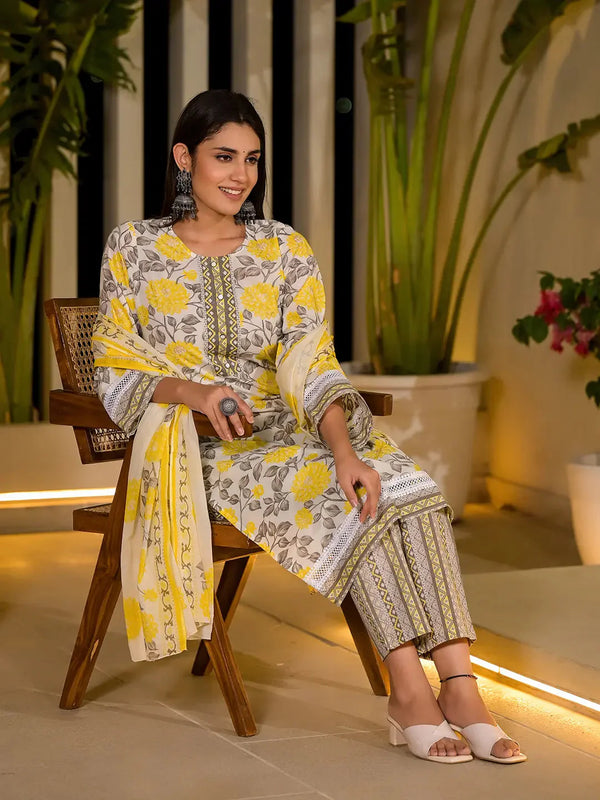 Yufta Yellow Pure Cotton Floral Print Kurta With Trousers And Dupatta Set
