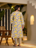 Thumbnail for Yufta Yellow Pure Cotton Floral Print Kurta With Trousers And Dupatta Set