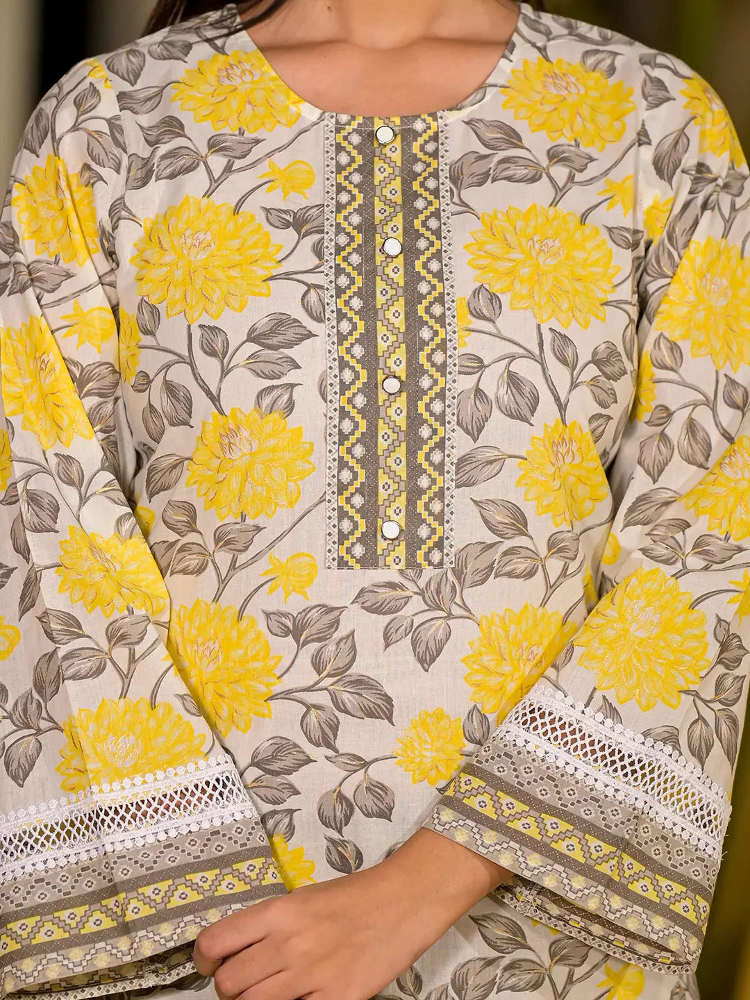 Yufta Yellow Pure Cotton Floral Print Kurta With Trousers And Dupatta Set