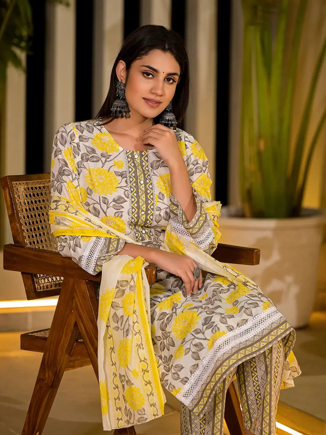 Yufta Yellow Pure Cotton Floral Print Kurta With Trousers And Dupatta Set