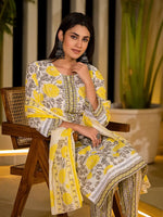 Thumbnail for Yufta Yellow Pure Cotton Floral Print Kurta With Trousers And Dupatta Set