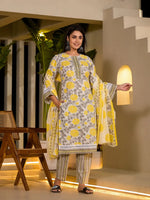 Thumbnail for Yufta Yellow Pure Cotton Floral Print Kurta With Trousers And Dupatta Set