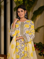 Thumbnail for Yufta Yellow Pure Cotton Floral Print Kurta With Trousers And Dupatta Set