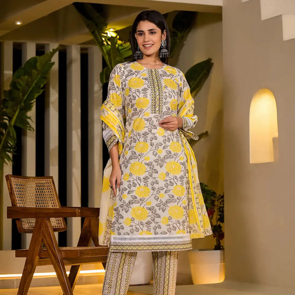 Yufta Yellow Pure Cotton Floral Print Kurta With Trousers And Dupatta Set - Distacart