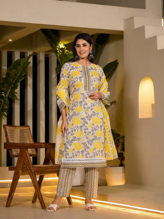 Yufta Yellow Pure Cotton Floral Print Kurta With Trousers And Dupatta Set - Distacart