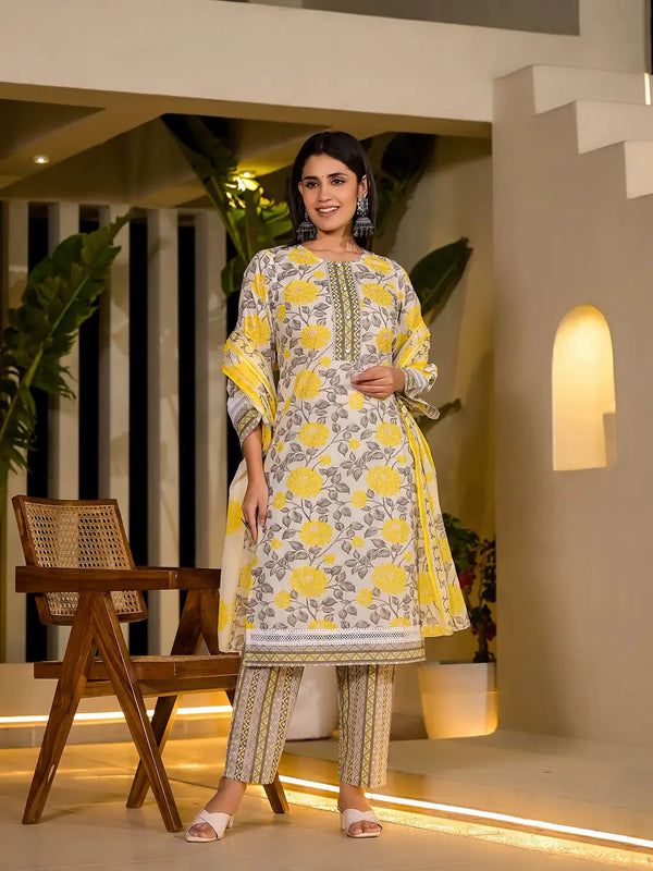 Yufta Yellow Pure Cotton Floral Print Kurta With Trousers And Dupatta Set