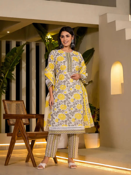 Yufta Yellow Pure Cotton Floral Print Kurta With Trousers And Dupatta Set