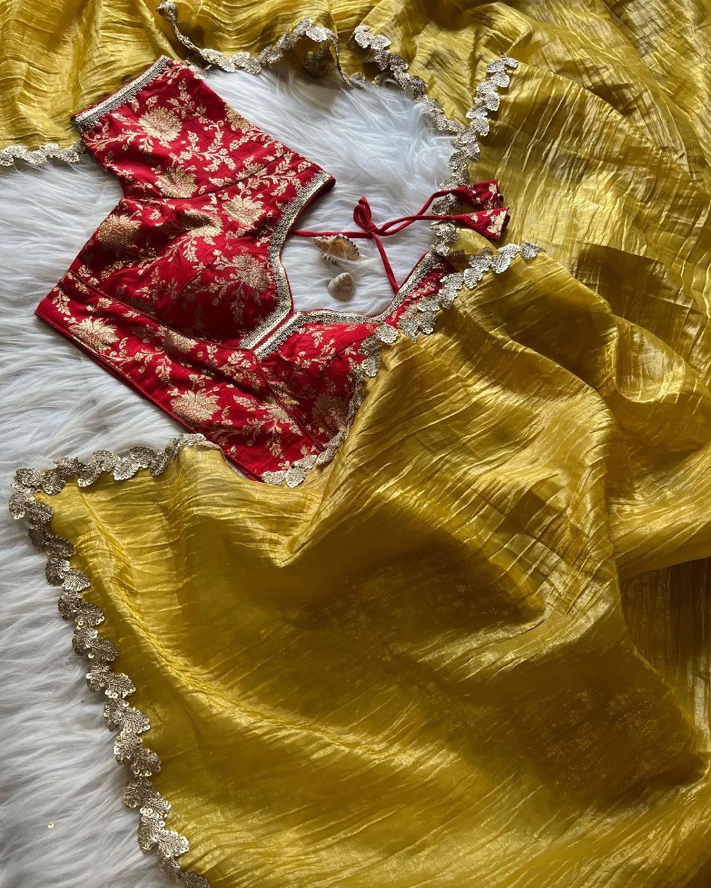 Lorenvalley Fashion Premium Yellow Tissue Crush Saree with Jacquard Weaving Stitched Blouse - Distacart