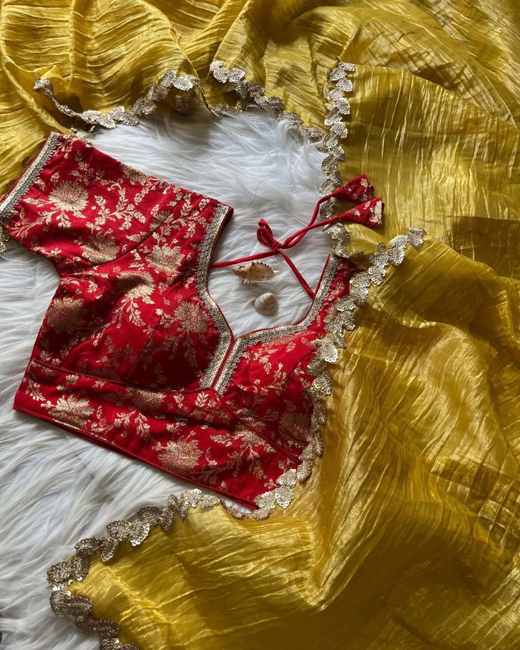 Lorenvalley Fashion Premium Yellow Tissue Crush Saree with Jacquard Weaving Stitched Blouse - Distacart