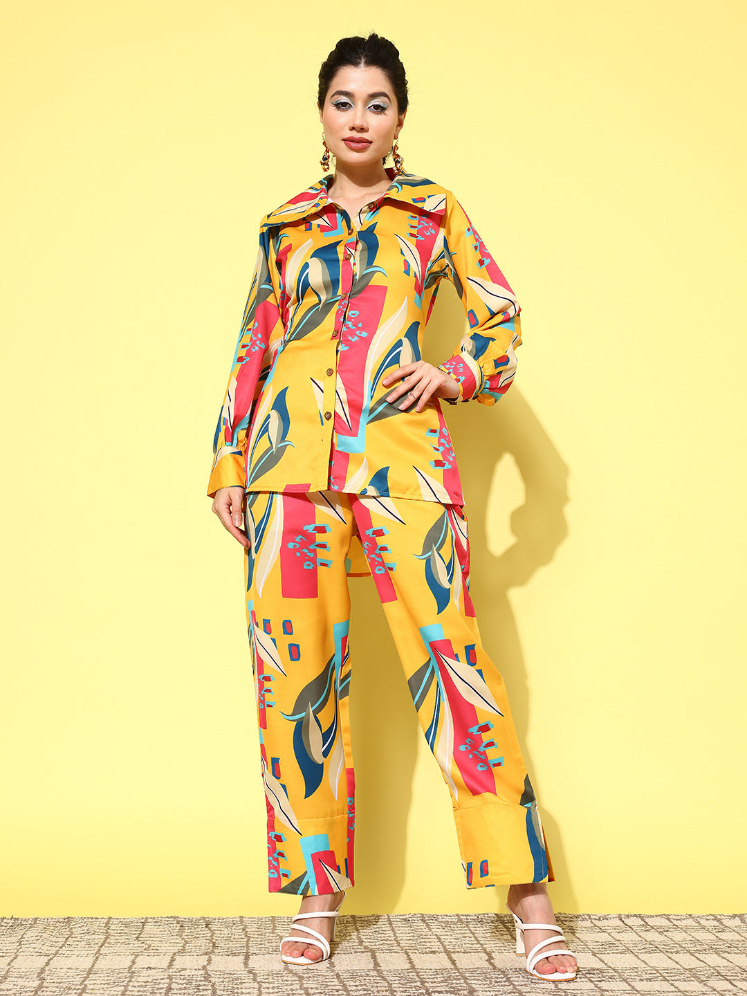Yufta Yellow and Pink Printed Satin Co-Ords - Distacart