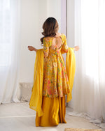 Thumbnail for Lorenvalley Women Pure Soft Roman silk Chanderi Discharge Print Fabric Kediya Kurta Palazzo with Dupatta Set - Yellow