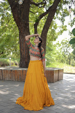Thumbnail for Lorenvalley Yellow Premium Rayon Lehenga with Georgette Embroidered Traditional Thread work Choli - Distacart