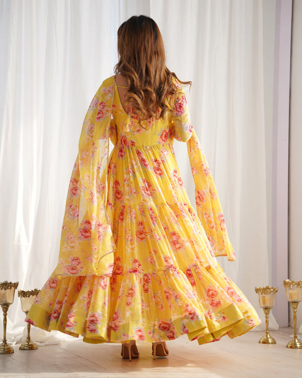 Lorenvalley Women Pure Soft Faux Georgette Floral Print Fully Flair Anarkali Kurta Pant With Dupatta Set - Yellow - Distacart