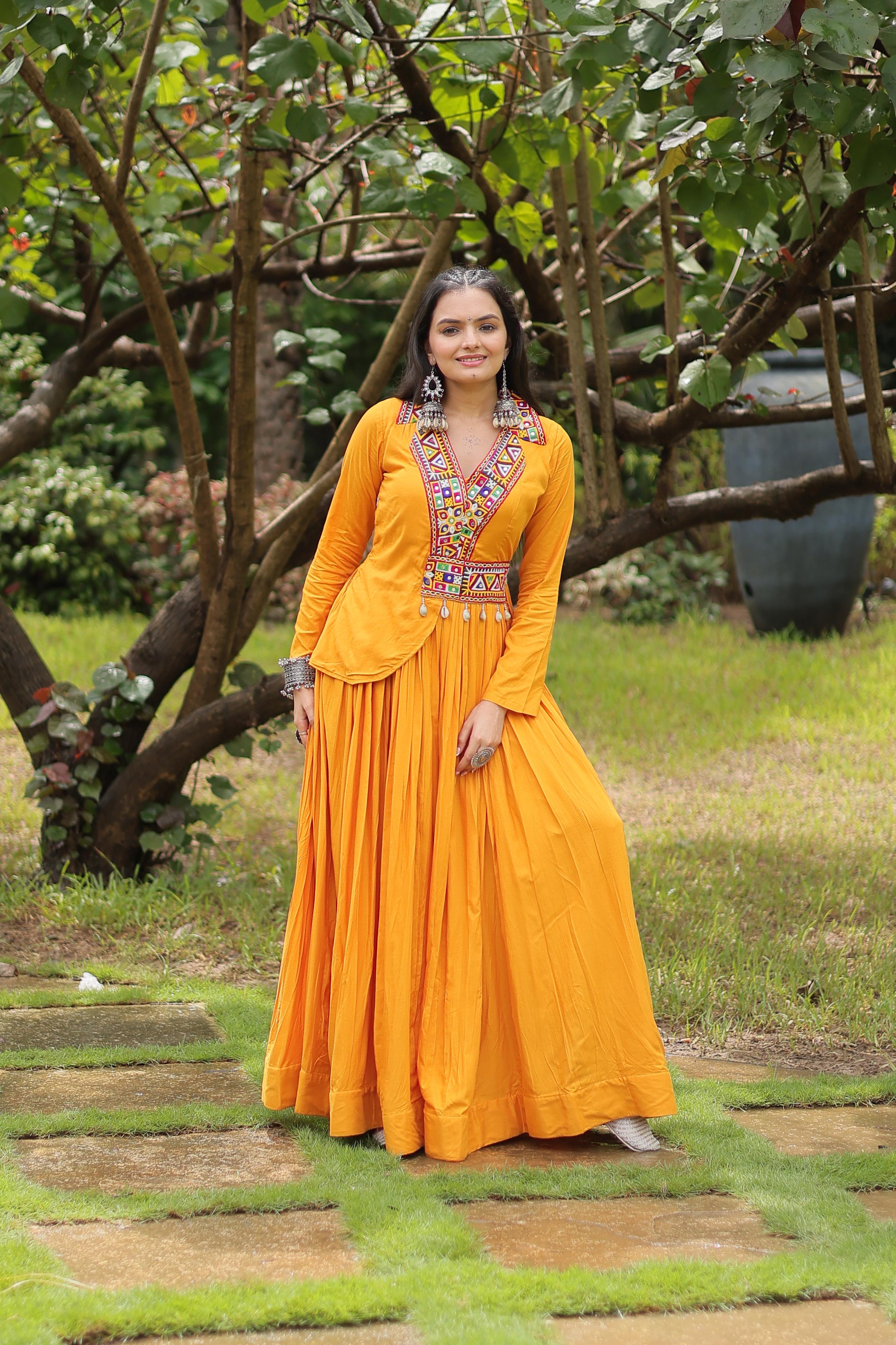 Lorenvalley Yellow Rayon Fabric With Kutchi Gamthi Work Gown - Distacart