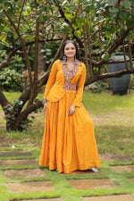 Thumbnail for Lorenvalley Yellow Rayon Fabric With Kutchi Gamthi Work Gown - Distacart