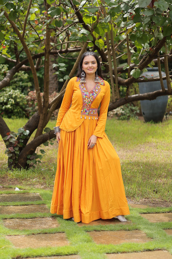 Lorenvalley Yellow Rayon Fabric With Kutchi Gamthi Work Gown - Distacart
