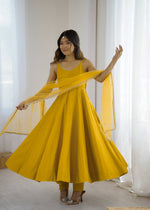 Thumbnail for Lorenvalley Fashion Yellow Pure Romansilk Chanderi Fabric Yoke Fancy Lace Work Anarkali Kurta Pant With Dupatta Set