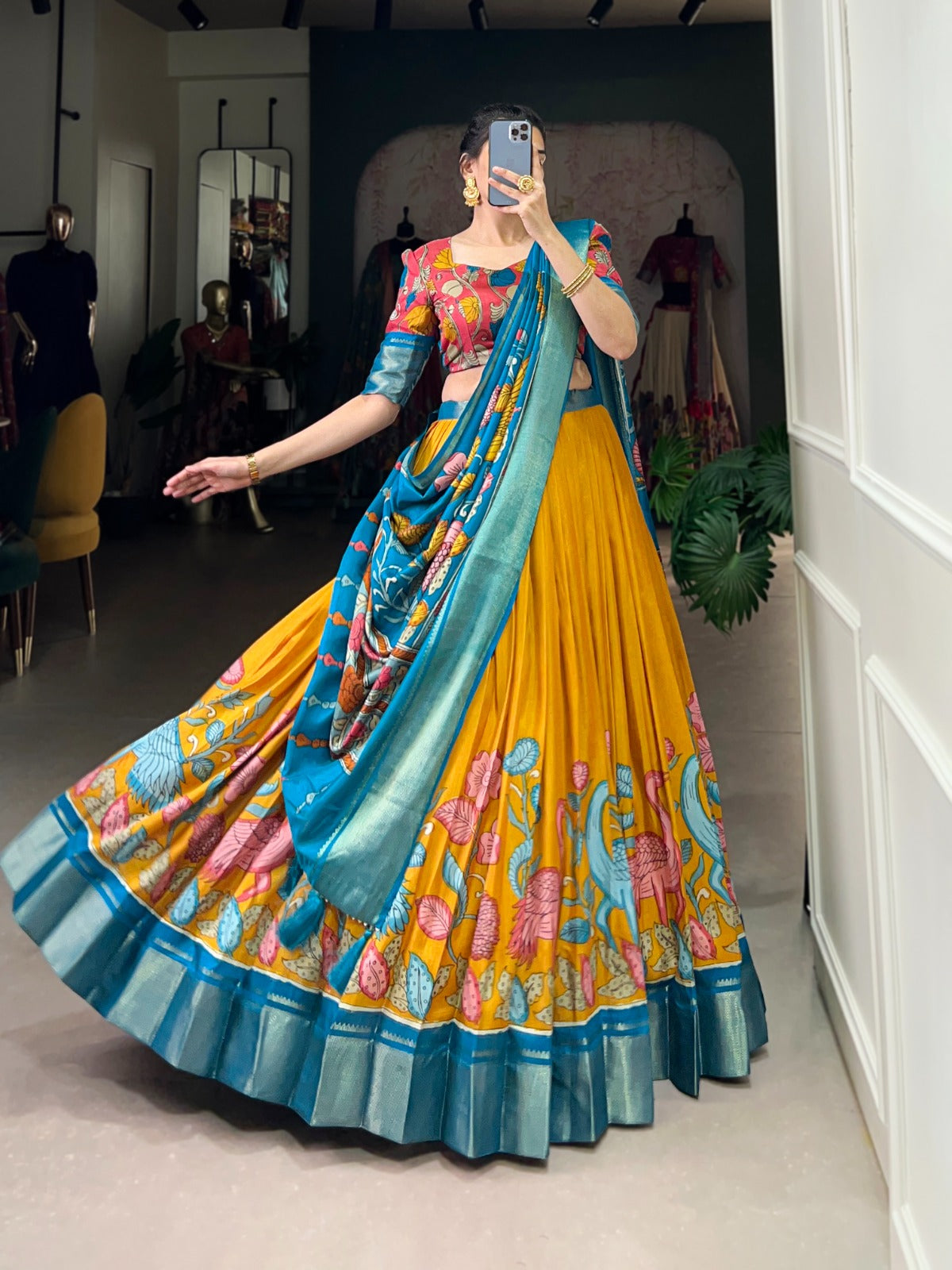 Lorenvalley Yellow Dola Silk and Jacquard Silk Printed (Kalamkari) With Zari Weaving Border Lehenga Choli - Distacart